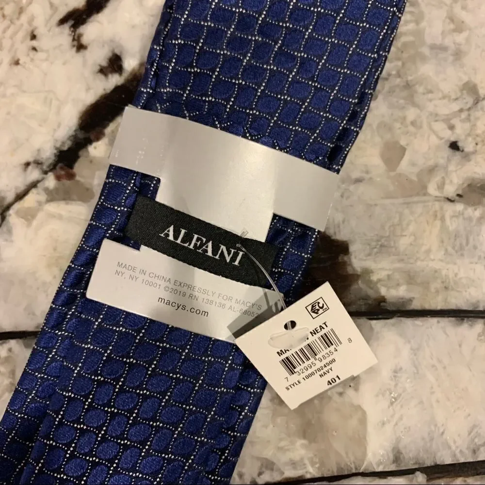 New ALFANI Navy Blue Black White Squares Neck Tie